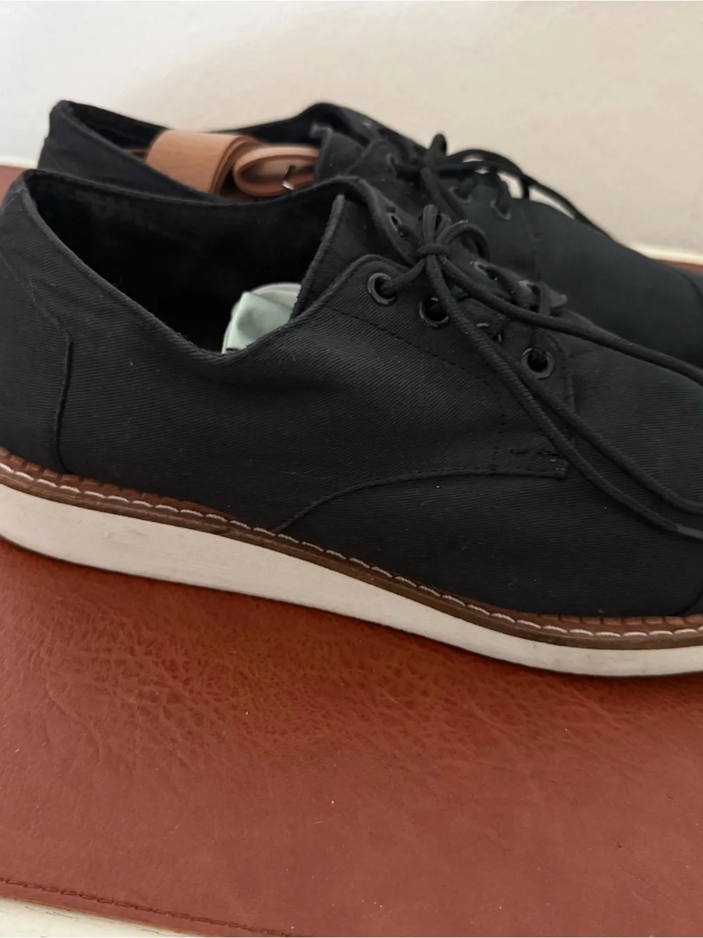 Toms Black Canvas Oxfords with Brown Trim